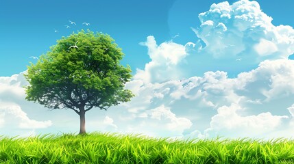 Wall Mural - Tranquil Landscape with a Lone Tree and Lush Green Grass