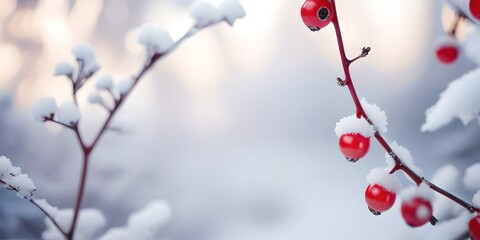 Aufkleber - Beautiful winter Christmas background with branches and red berries covered with snow in the forest on a soft blurred background.