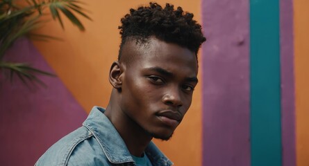 Wall Mural - teen african guy on plain colorful background model portrait lifestyle hair skin care ad concept copy space