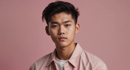 Wall Mural - teen asian guy on plain pink background model portrait lifestyle hair skin care ad concept copy space