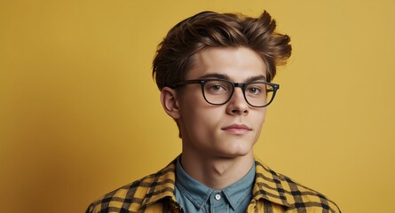 Wall Mural - teen nerd guy on plain yellow background model portrait lifestyle hair skin care ad concept copy space