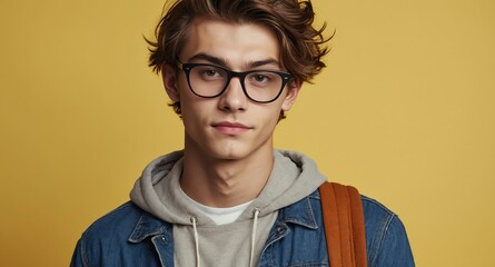 Poster - teen nerd guy on plain yellow background model portrait lifestyle hair skin care ad concept copy space