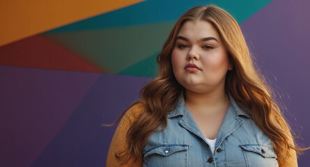 Sticker - teen obese girl on plain colorful background model portrait lifestyle hair skin care ad concept copy space