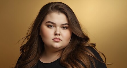 Sticker - teen obese girl on plain gold background model portrait lifestyle hair skin care ad concept copy space