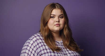 Poster - teen obese girl on plain purple background model portrait lifestyle hair skin care ad concept copy space