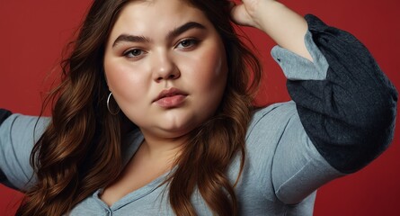 Poster - teen obese girl on plain red background model portrait lifestyle hair skin care ad concept copy space