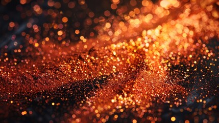 Wall Mural - Closeup of metallic pigment dust sparkling with vibrant orange and red colors, perfect for shimmering texture and artistic visuals.