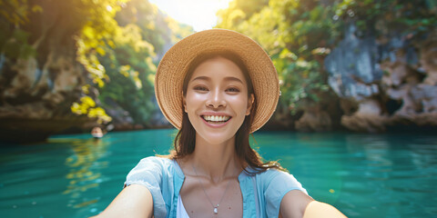 asian woman. A young woman smiles brightly as she takes a selfie in a beautiful tropical lagoon with lush greenery and crystal-clear turquoise water.