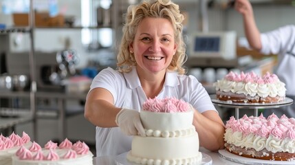 In her bakery, a woman with curly blonde hair adorns a beautifully decorated cake. Her warm smile and the charming cakes around her reflect her love for baking.