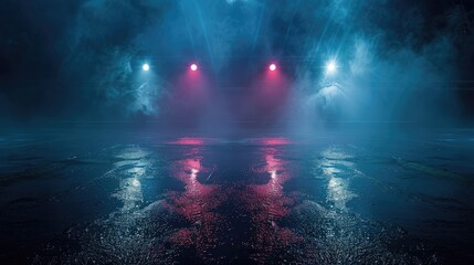 Wall Mural - Empty dark scene with wet asphalt, neon light reflections in water, smoky dark blue background, and spotlights on concrete.