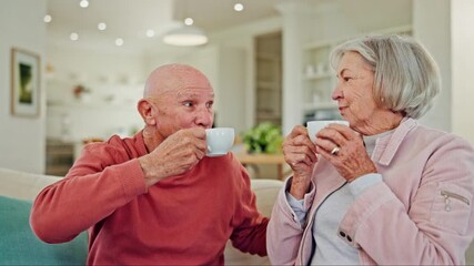 Poster - Senior couple, coffee and talk on sofa for smile, thinking or relax together in home living room. Elderly woman, old man and ideas for memory with tea cup, matcha or espresso on lounge couch in house