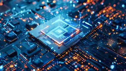 Poster - Close up of an advanced microchip with data flowing through it