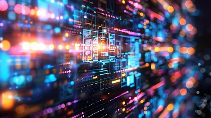 Poster - Vibrant digital abstract background featuring glowing lines and circuits in a futuristic design, ideal for technology themes.