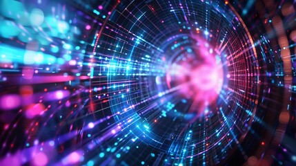 Poster - Vibrant abstract image showcasing luminous particles and lines, creating a dynamic visual of movement and energy in a digital space.