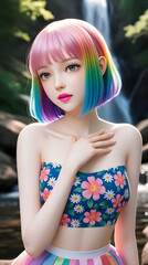 Wall Mural - Cute anime girl with colorful rainbow hair and a floral top