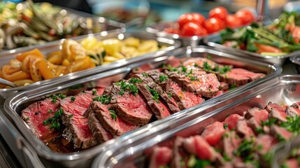 Wall Mural - A large tray of meat and vegetables is displayed in a buffet. The meat is cut into thin slices and is garnished with parsley. The vegetables include tomatoes, broccoli, and carrots