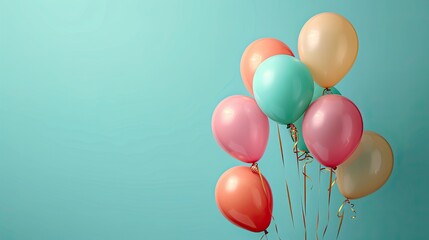 A bunch of colorful balloons are floating in the air. The balloons are in various colors, including pink, orange, and green. Concept of celebration and joy