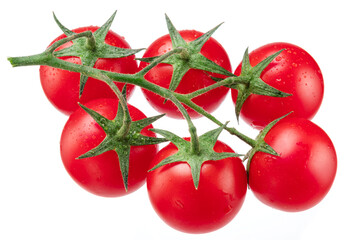 Wall Mural - Cluster of ripe cherry tomatoes covered with water drops isolated on white background.