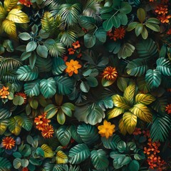 Canvas Print - Tropical Green Wall With Orange Flowers