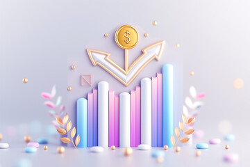 Poster - Vibrant and colorful concept of representation of financial growth featuring colorful cylindrical bars and a dollar coin, ideal for finance and investment themes