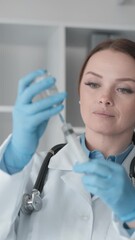 Aufkleber - A female scientist is seen conducting a laboratory experiment using a test tube. The image is related to various fields including biology, chemistry, research, healthcare, and science