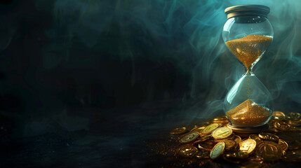 A glass hourglass with a pile of gold coins on top of it. The scene is set in a dark room with smoke in the background