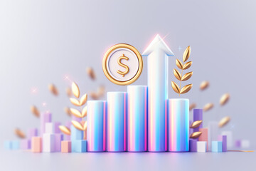 Poster - Vibrant and colorful concept of representation of financial growth featuring colorful cylindrical bars and a dollar coin, ideal for finance and investment themes