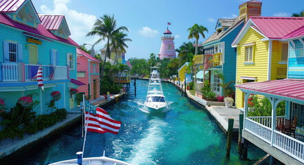 Poster - A vibrant, colorful coastal city with a bustling harbor and boats in the Caribbean Sea. The buildings feature bright pastel colors like pink, blue, green, yellow, orange, and red