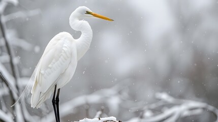 Poster - Elegant White Egret in Winter Snow Scene