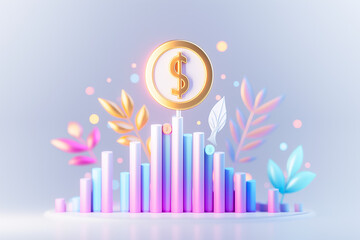 Poster - Vibrant and colorful concept of representation of financial growth featuring colorful cylindrical bars and a dollar coin, ideal for finance and investment themes