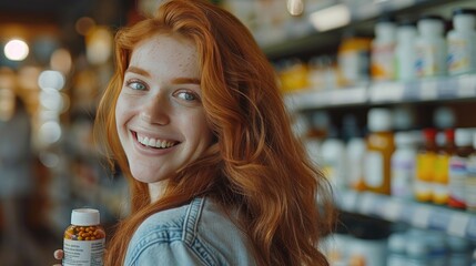 Wall Mural - A woman with red hair is smiling and holding a bottle of pills. Concept of happiness and positivity, as the woman is enjoying her time in the store