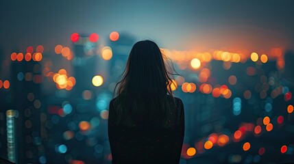 Wall Mural - A woman is standing in the city at night, looking out over the city lights. The image has a dreamy, ethereal quality to it, with the city lights creating a sense of wonder and awe