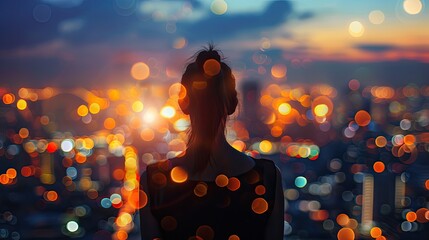 Wall Mural - A woman is standing in the city at night, looking out over the skyline. The city is lit up with bright lights, creating a sense of energy and excitement. The woman is lost in thought