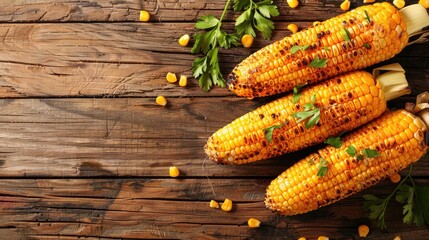 Wall Mural - Three yellow corn cobs with green parsley on a wooden table. The corn is cooked and ready to eat