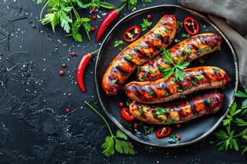 Wall Mural - A plate of hot dogs with peppers and parsley on top