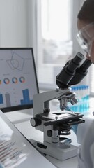 Aufkleber - In a contemporary laboratory, a female scientist is utilizing a microscope to research biology and biotechnology for analysis, discovery, and experimentation in healthcare and innovation