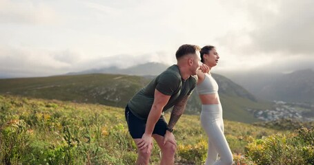 Wall Mural - mountains, tired and couple with fitness, breathing and relax with wellness, training and workout. r