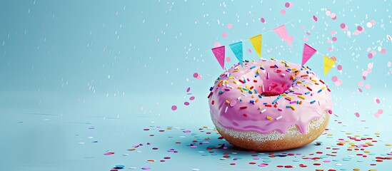Poster - Pink donut with decorative flags and confetti on blue backdrop isolated for copy space image