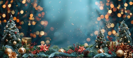 Fototapete - Festive Christmas composition with a Christmas tree decorative garlands and ornaments ideal for a copy space image