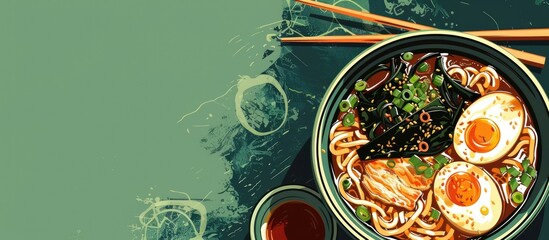 Poster - Japanese miso ramen a flavorful dish combining wheat noodles in a savory broth with toppings like pork seaweed and green onions perfect for a copy space image