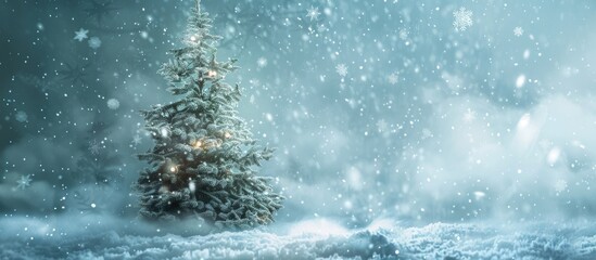 Fototapete - Christmas tree evoking nostalgia surrounded by snowflakes with a blank area for additional image or text such as a copy space image