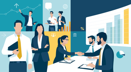 Wall Mural - Business team at work. A group of office workers. Business vector illustration.
