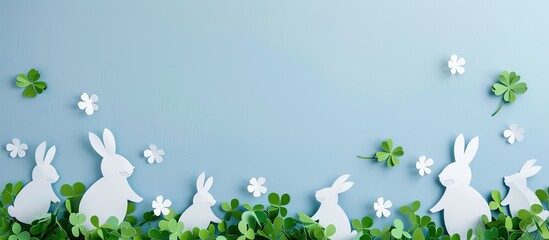 Aufkleber - Easter themed border design featuring bunnies clover leaves on blue backdrop with a paper cut style Ideal for a copy space image
