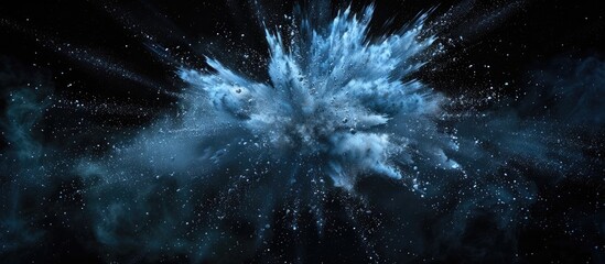 Poster - Capture the frozen moment of blue powder burst on a black backdrop creating an abstract white dust cloud design Ideal for a wallpaper or screen saver with copy space image conveying the concept of pl