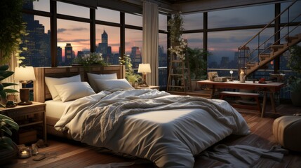 Poster - Cozy Bedroom with City Skyline View at Sunset