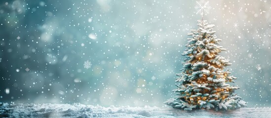 Poster - Christmas tree evoking nostalgia surrounded by snowflakes with a blank area for additional image or text such as a copy space image