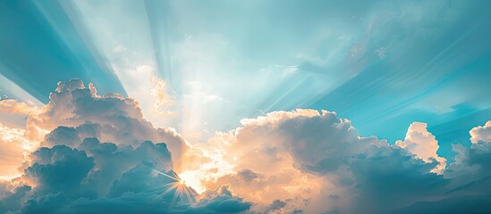 Aufkleber - Image of sunrays filtered through clouds by a vibrant sun against a stunning sky creating an artistic blend of blue and white hues with copy space image