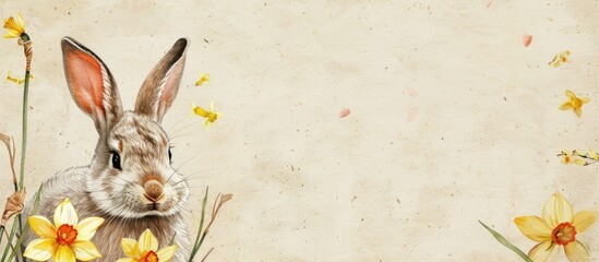 Aufkleber - Easter themed frame with a bunny and daffodil on a beige background ideal for an Easter postcard with a copy space image