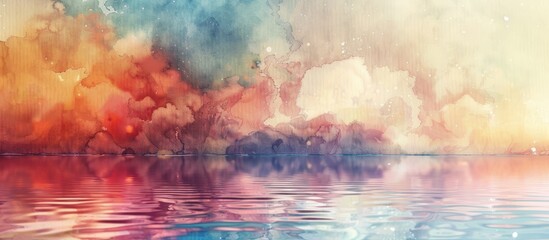 Aufkleber - Vivid watercolor painting with colorful blots and smears creating a beautiful abstract background with a mirror like reflection of the sky and clouds on water ideal for a copy space image