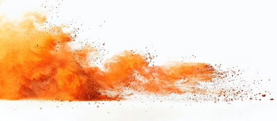 Poster - Capture the moment of orange powder burst on a white backdrop in a freeze frame leaving room for additional content with a copy space image